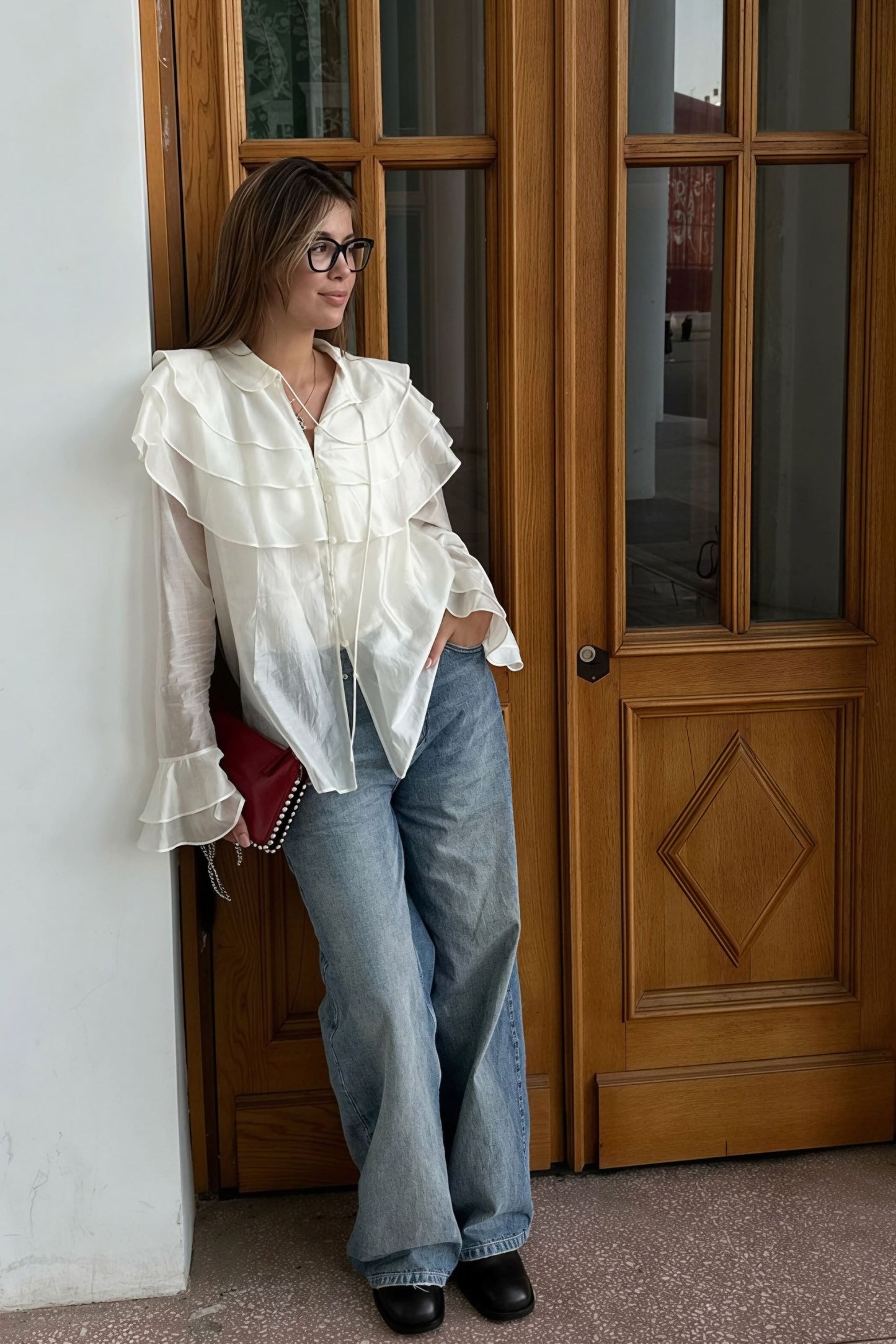 Ruffled Flare Sleeve Tencel Chiffon Blouse