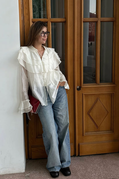 Ruffled Flare Sleeve Tencel Chiffon Blouse