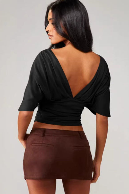 Chic Deep V Neck Knot Front Ruched Crop T-shirt