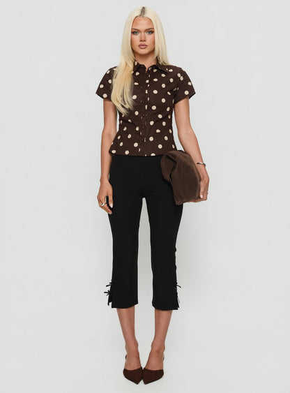 Lift Off Button Up Top Choc / Lemon Polka