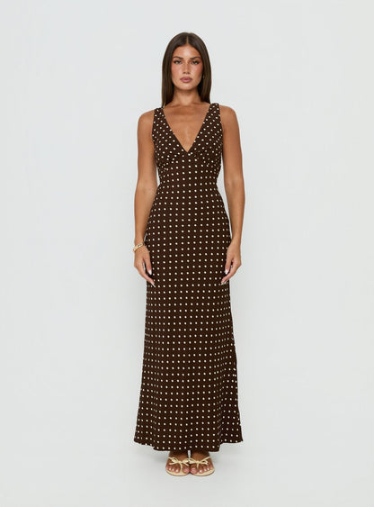 Nellie Maxi Dress Brown Polka Dot Tall