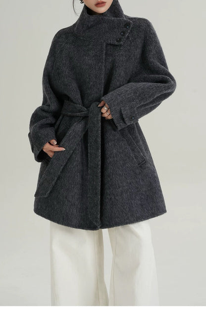 Chic Solid Wool Warm Loose Mock-neck Coat
