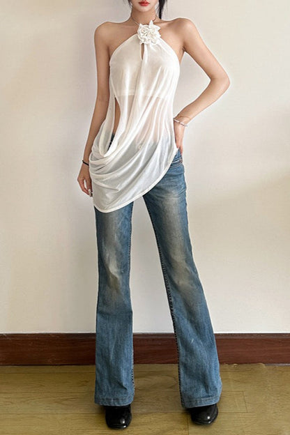 Solid Loose Flowy Halter Backless Blouse