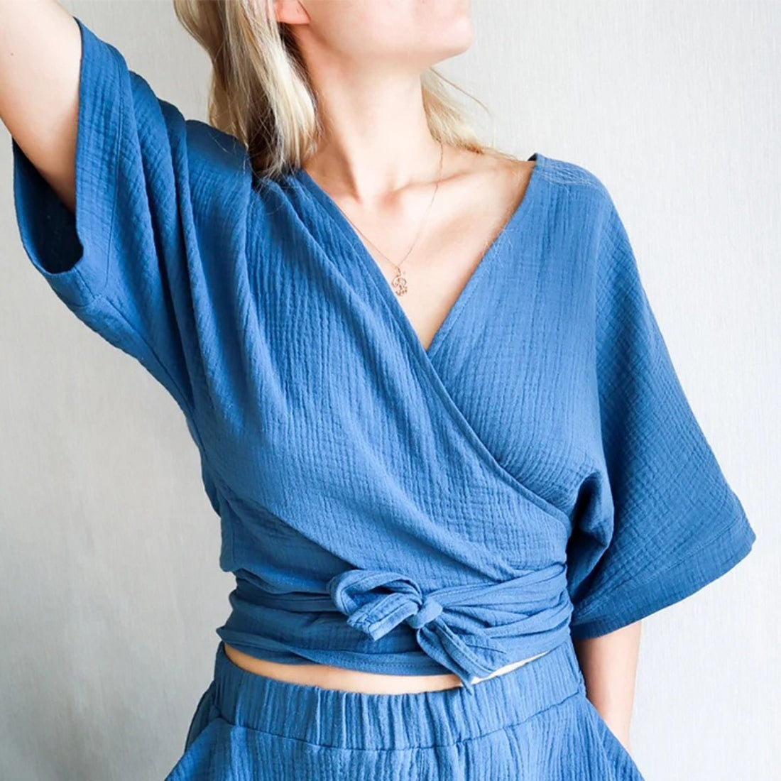 Minimalist Solid Cotton Tie Side Blouse