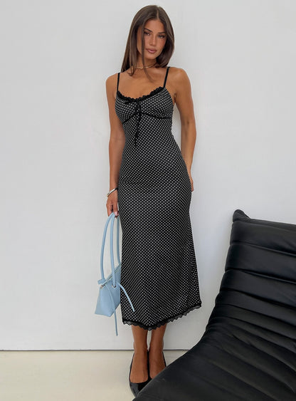 Delaney V Neck Frill Midi Dress Black Polka Dot