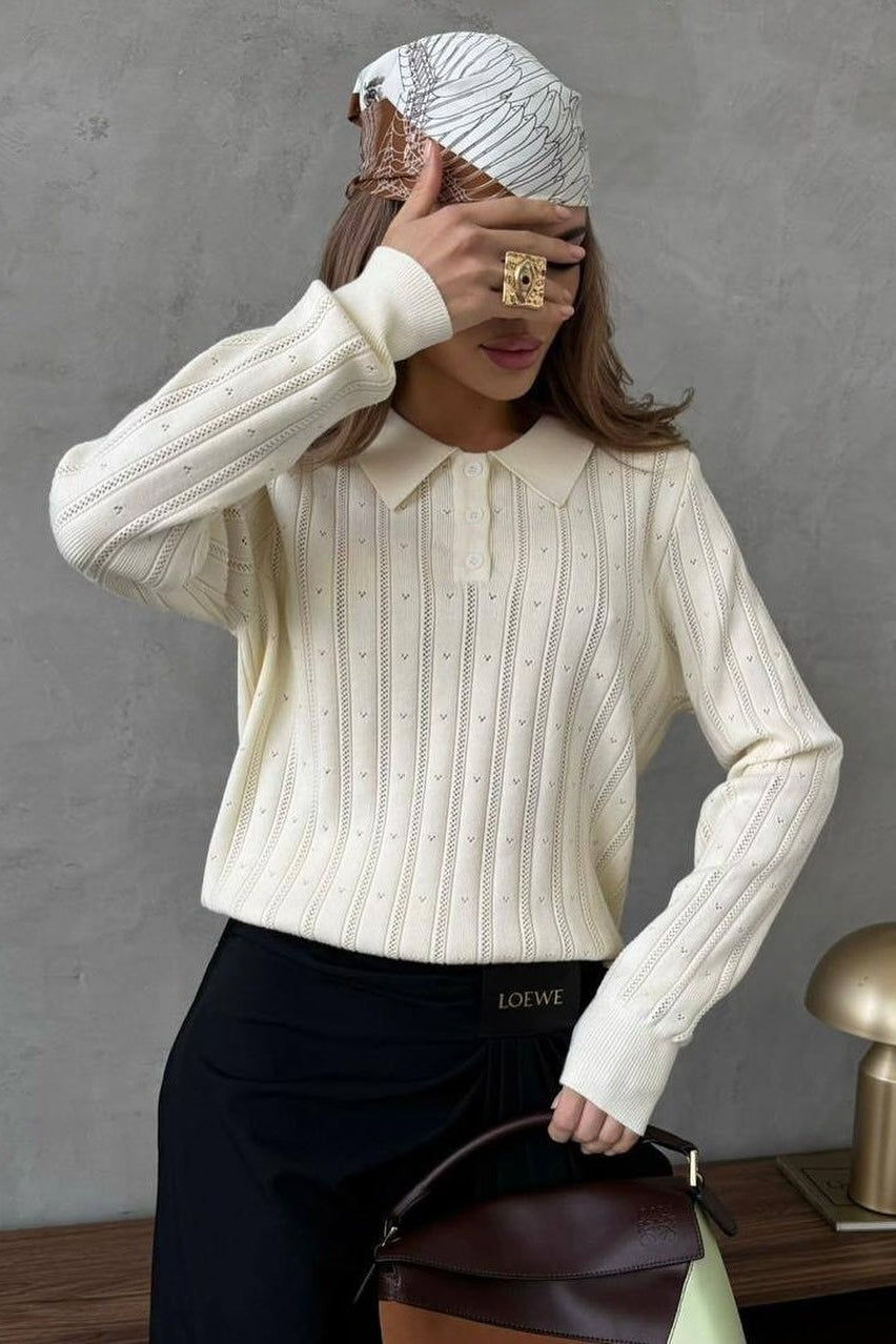 Jacquard Polo Collar Long Sleeve Loose Blouse