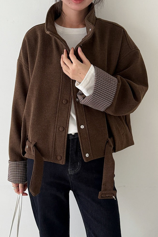 Short Cuffed Check Pieced Stand Collar Wool Coat