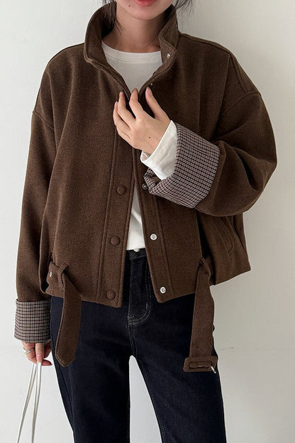 Short Cuffed Check Pieced Stand Collar Wool Coat
