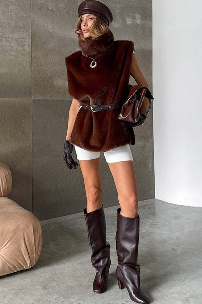 Solid Turtleneck Fuzzy Sleeveless Vest