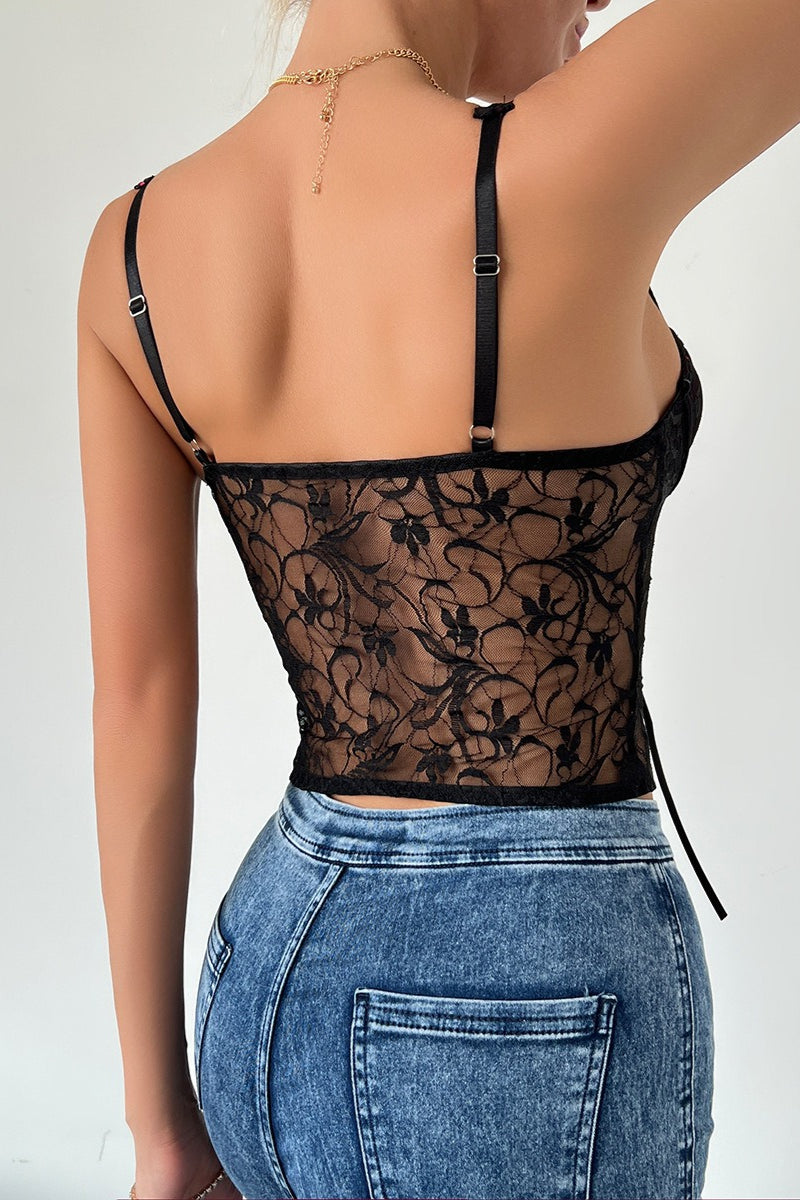 Sexy Lace Patchwork Tie Bustier Cami Top