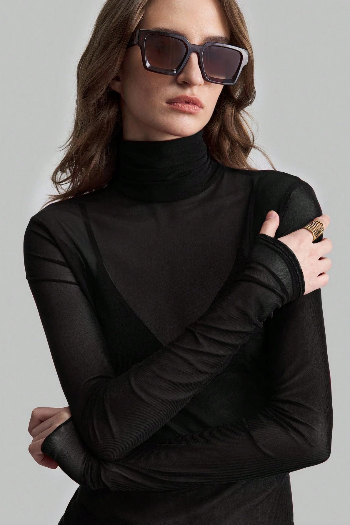 Stand Collar Solid Mesh Slim Fit Long Sleeve Tee