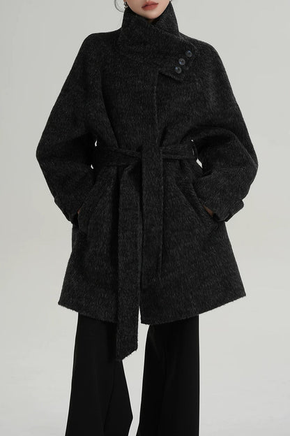 Chic Solid Wool Warm Loose Mock-neck Coat