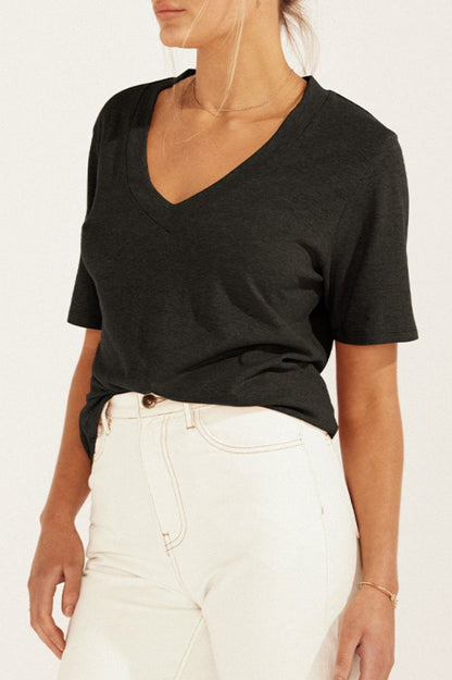 Minimalist Solid Deep V Neck Slub Cotton Loose T-shirt