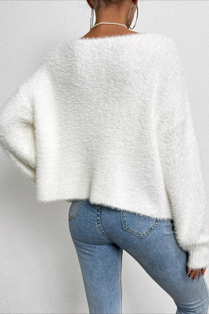 Elegant Pearl V-Neck Knit Sweate