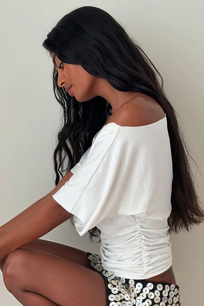 Chic Solid Off Shoulder Shirred Waist T-shirt