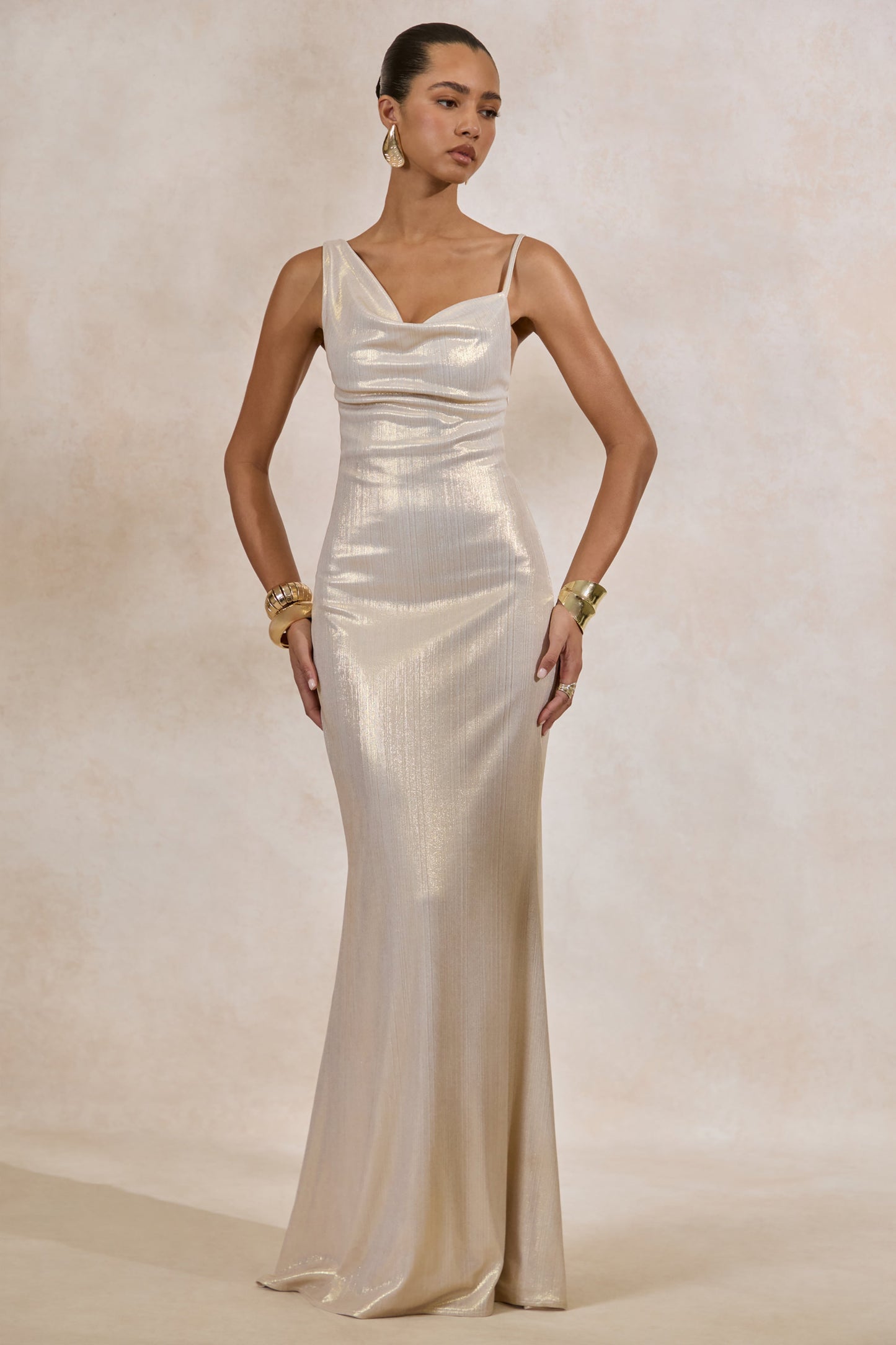Galaxy Shimmer | Champagne Bias Cut Cowl Front Maxi Dress