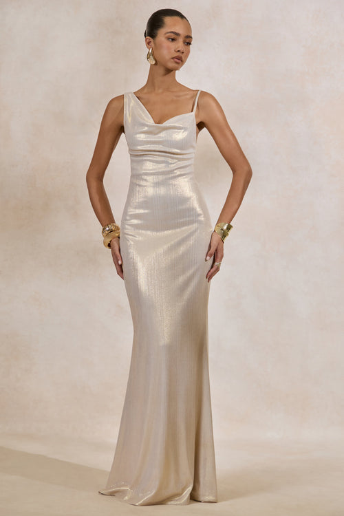 Galaxy Shimmer | Champagne Bias Cut Cowl Front Maxi Dress