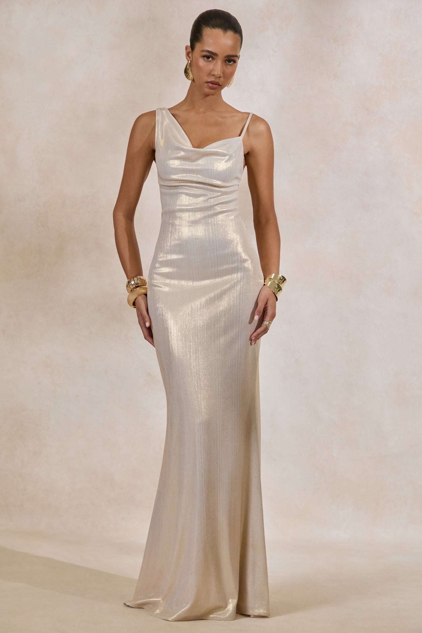 Galaxy Shimmer | Champagne Bias Cut Cowl Front Maxi Dress