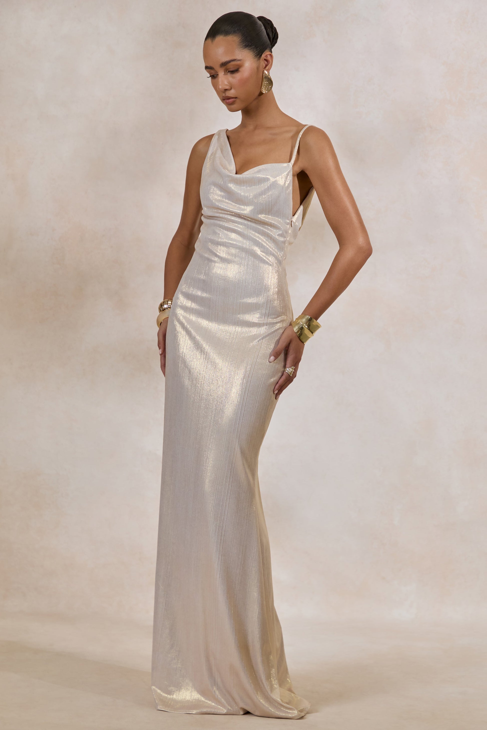 Galaxy Shimmer | Champagne Bias Cut Cowl Front Maxi Dress