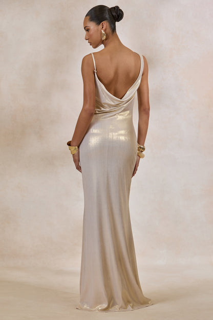 Galaxy Shimmer | Champagne Bias Cut Cowl Front Maxi Dress