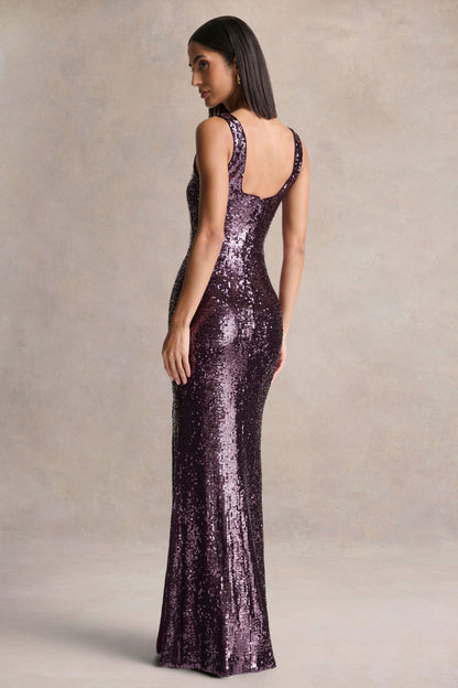 High Life | Plum Sequin Square-Neck Maxi Dress With Front-High Split