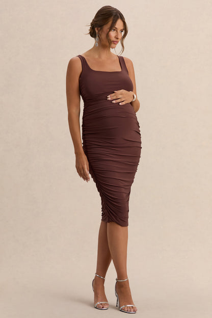 Lisbon | Brown Maternity Square Neck Ruched Midi Dress