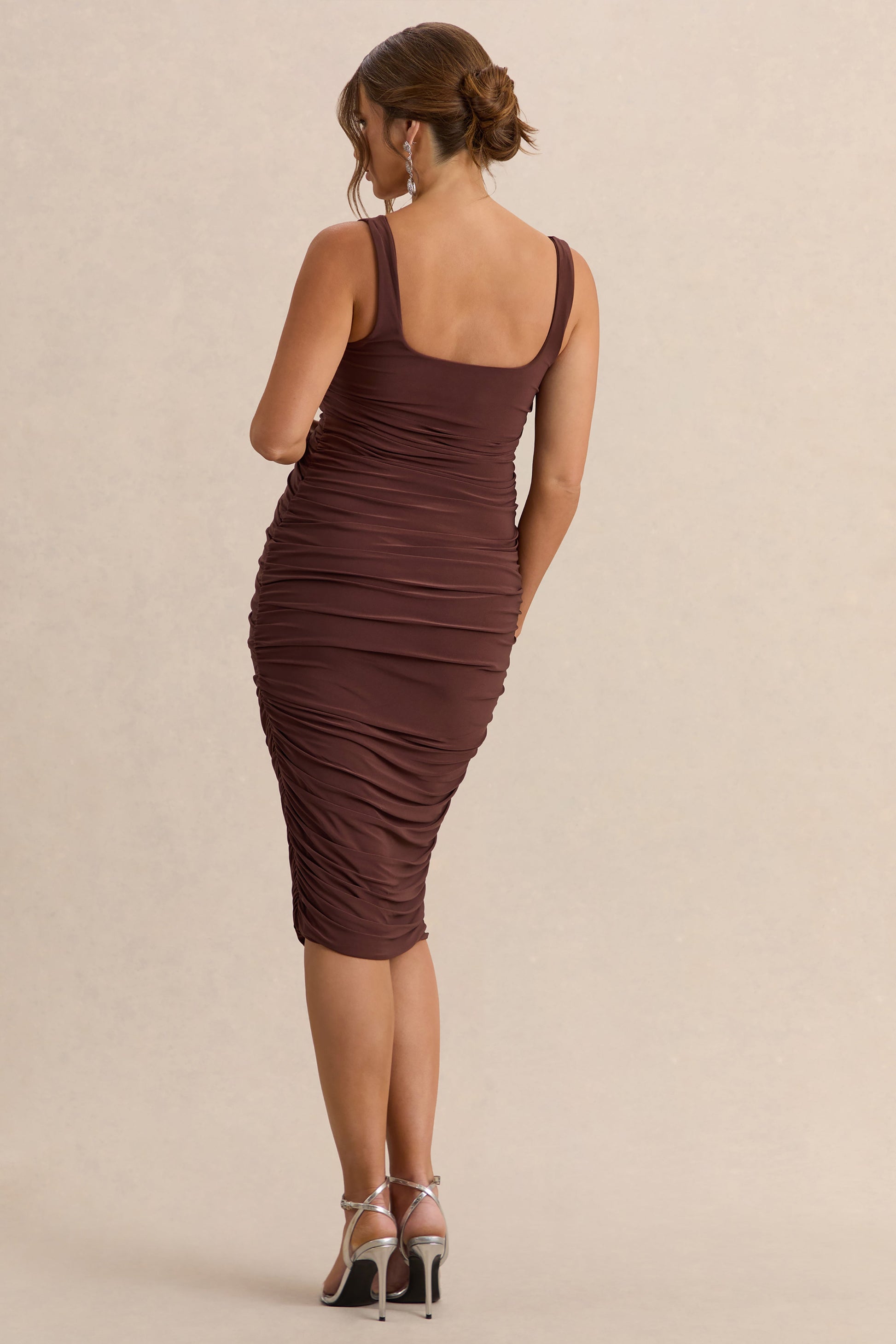 Lisbon | Brown Maternity Square Neck Ruched Midi Dress
