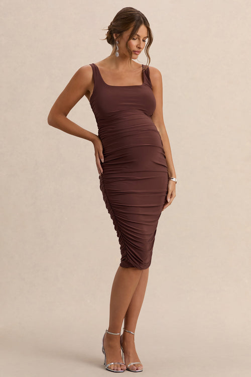 Lisbon | Brown Maternity Square Neck Ruched Midi Dress
