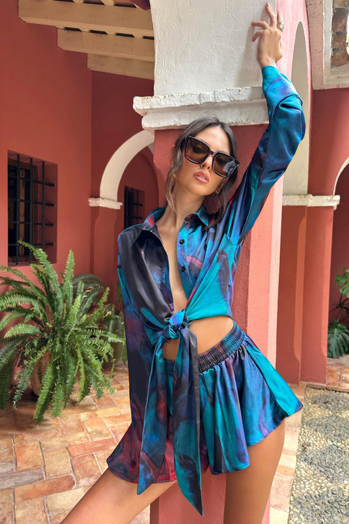 Marisela | Blue Print Satin Flared Sleeve Cropped  Shirt