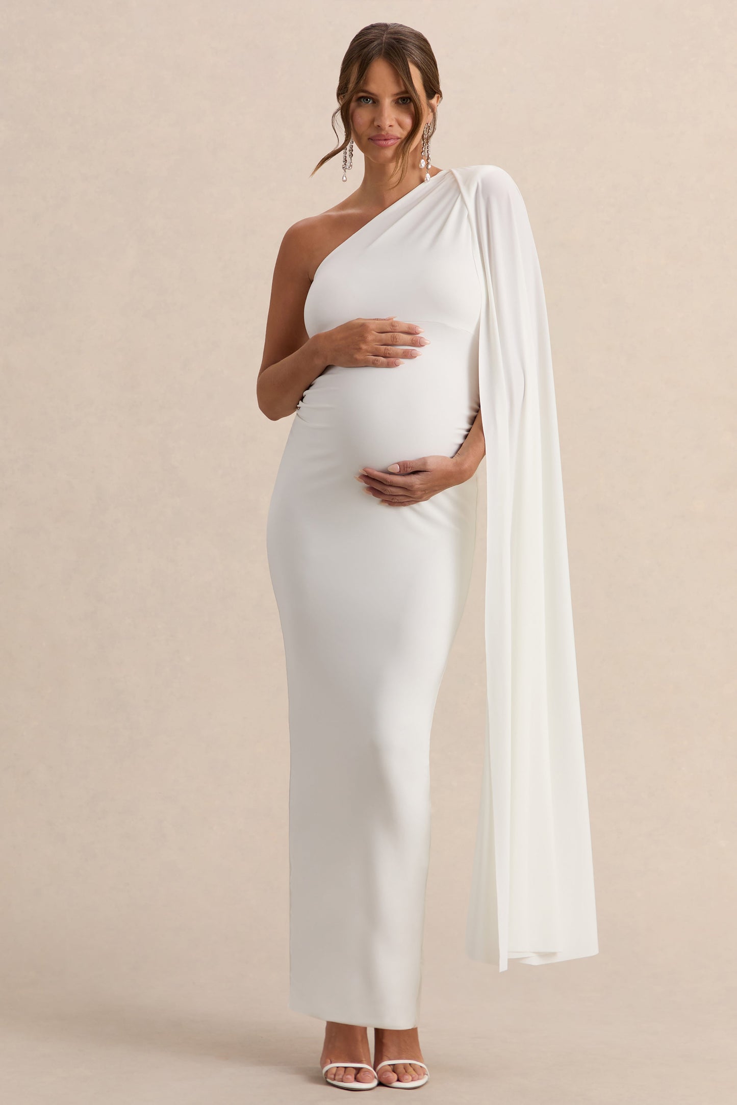 Amaryllis | White Maternity One Shoulder Maxi Dress with Cape Sleeve