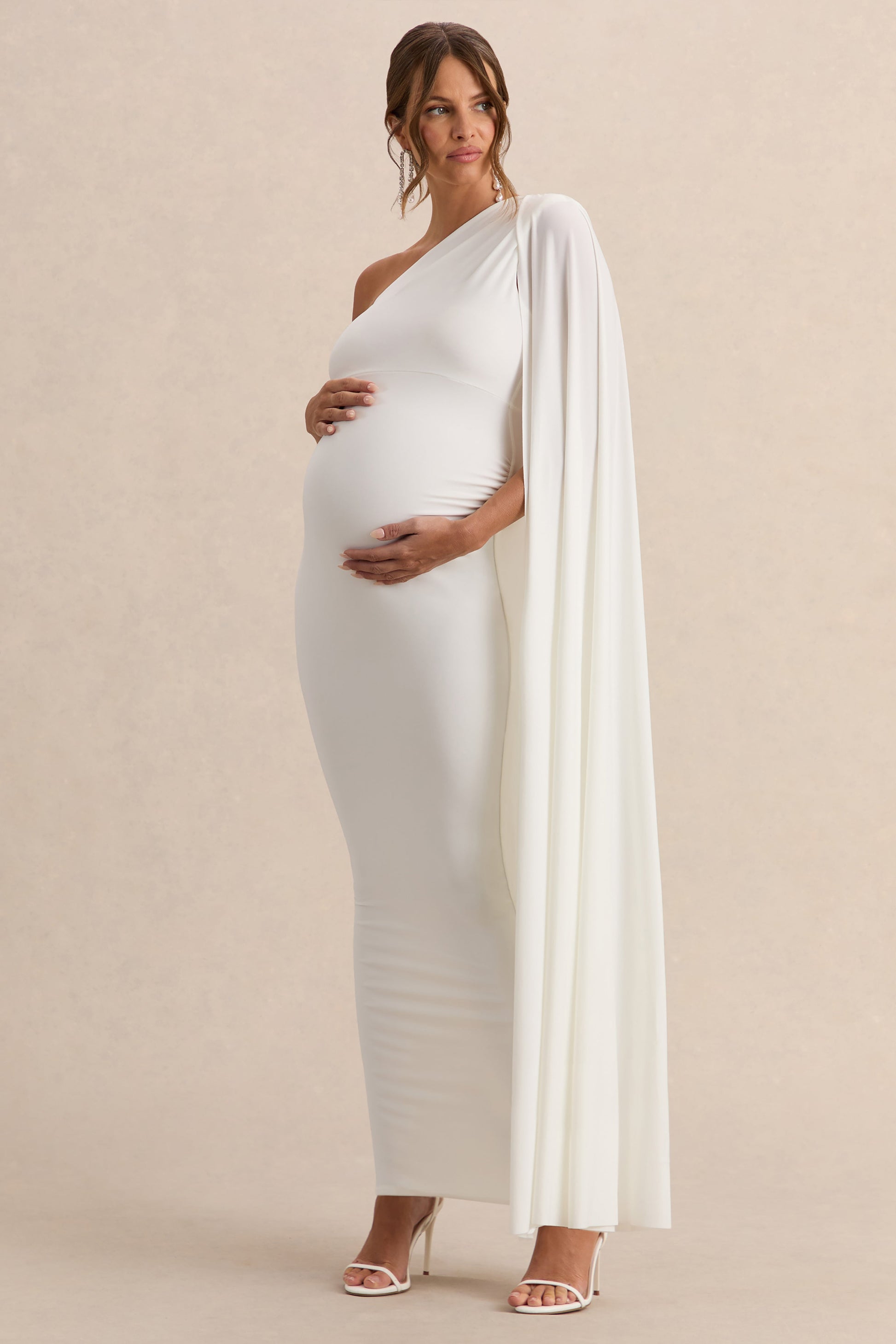 Amaryllis | White Maternity One Shoulder Maxi Dress with Cape Sleeve