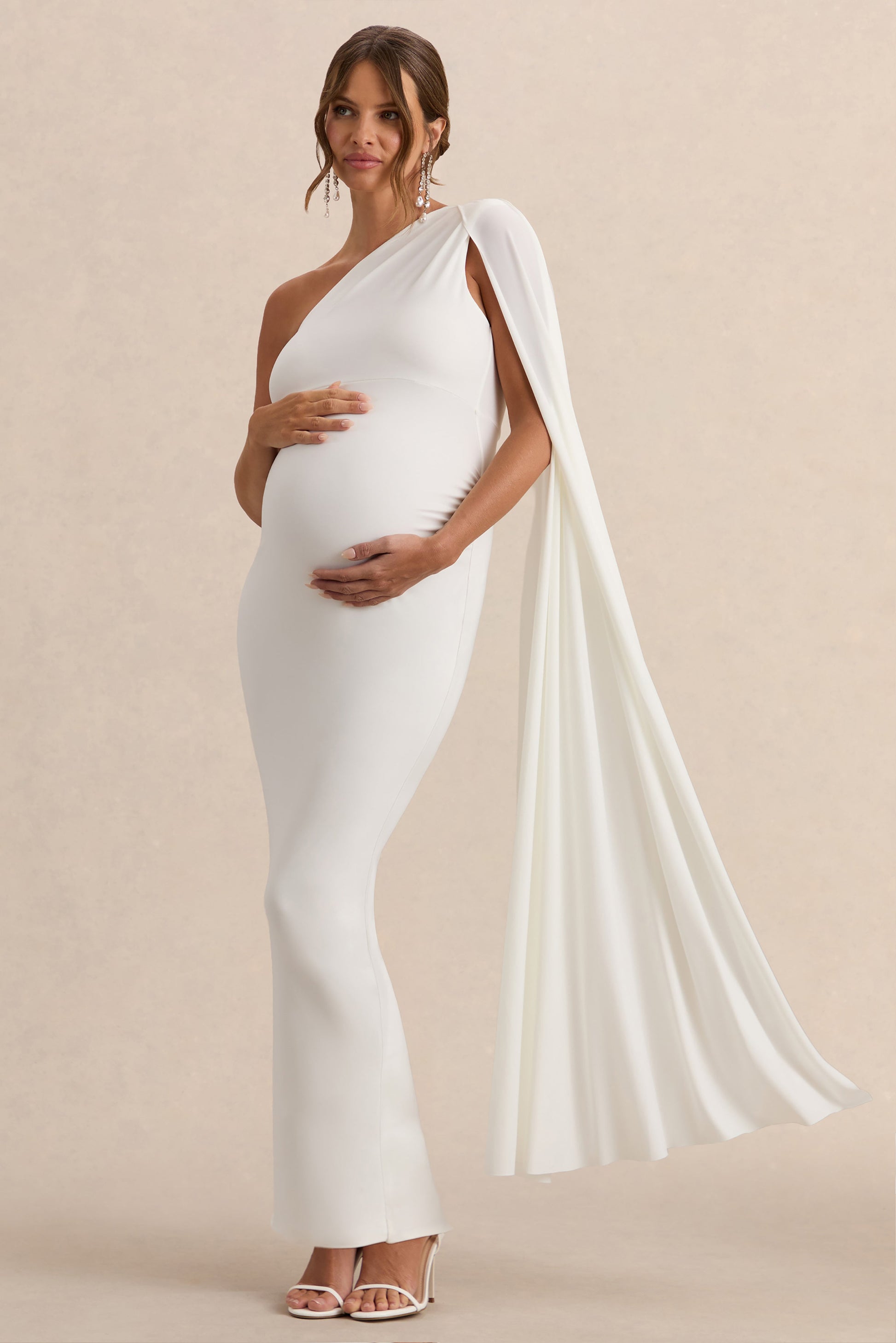 Amaryllis | White Maternity One Shoulder Maxi Dress with Cape Sleeve