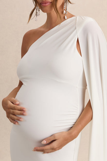 Amaryllis | White Maternity One Shoulder Maxi Dress with Cape Sleeve