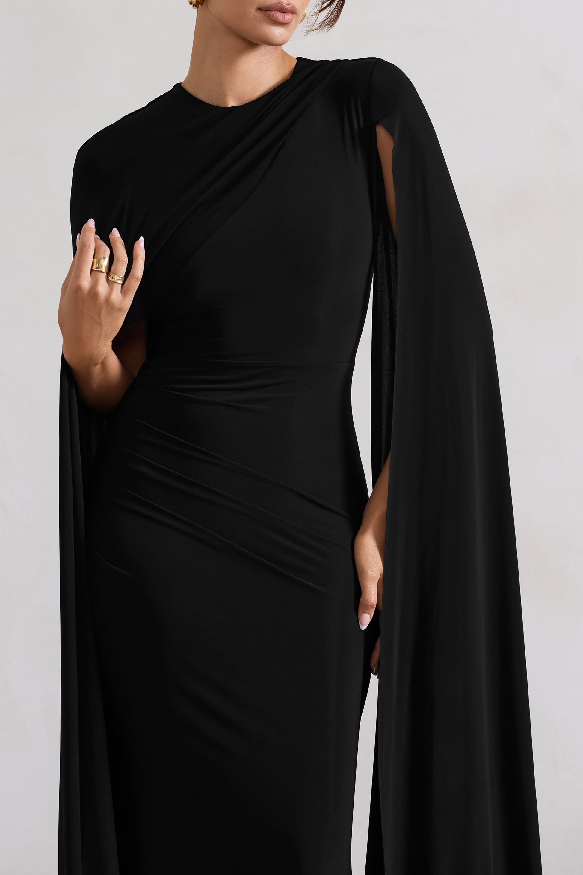 Magdelena | Black Asymmetric Cape Maxi Dress