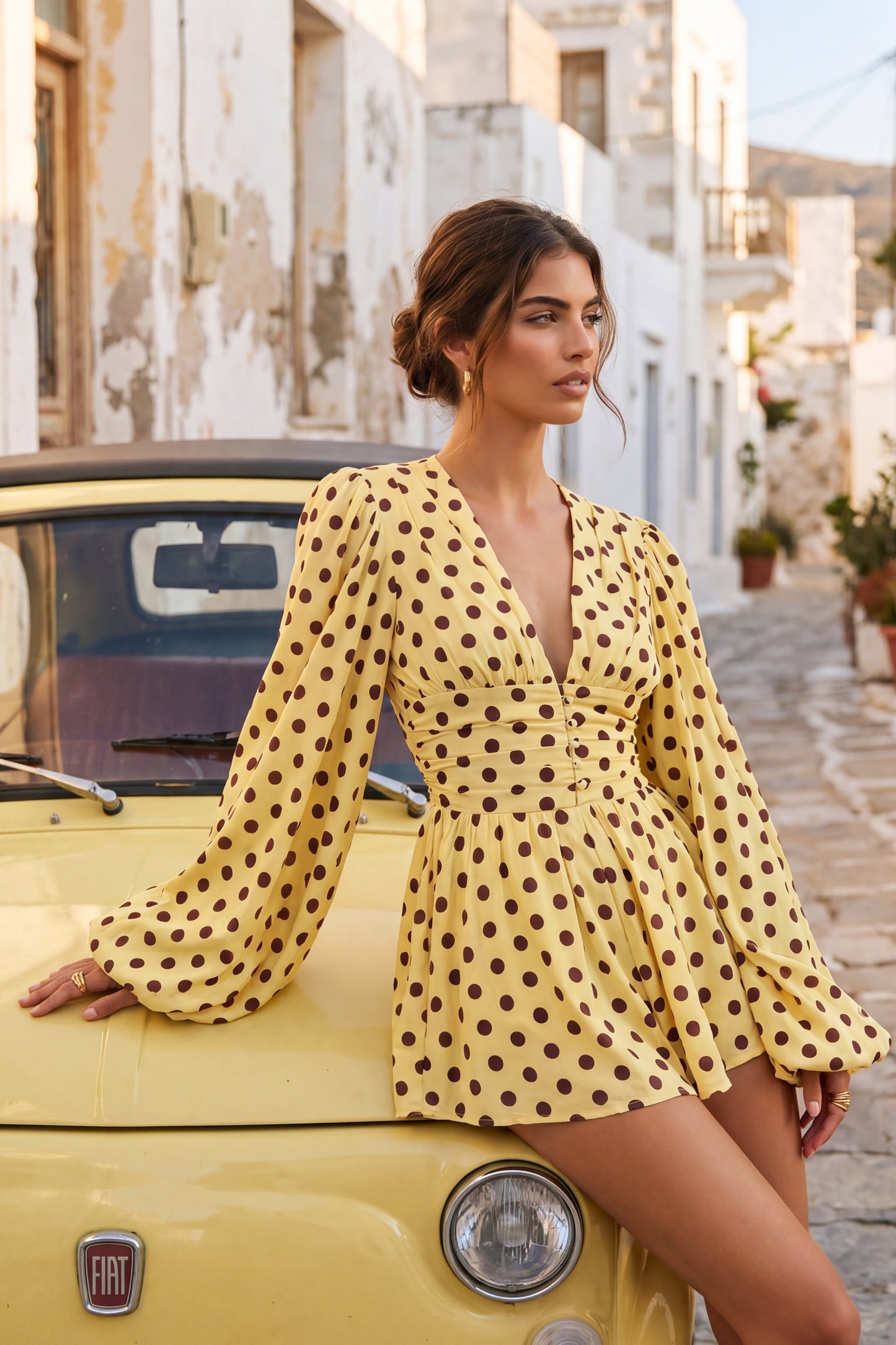 Laurel | Lemon Polka Dot V-Neck Balloon Sleeve Playsuit