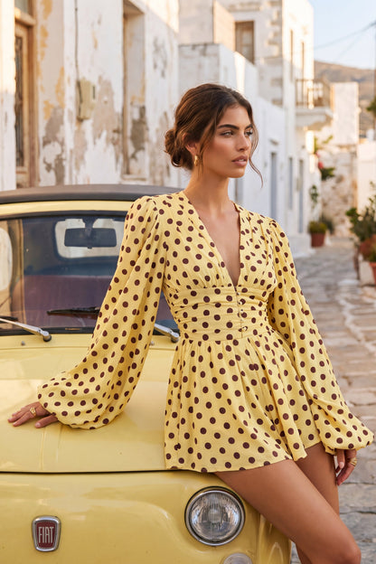 Laurel | Lemon Polka Dot V-Neck Balloon Sleeve Playsuit