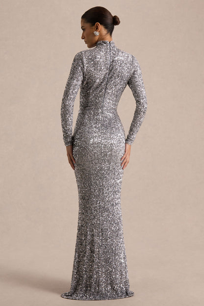 Galaxy | Silver Sequin Turtle-Neck Long-Sleeve Maxi Dress