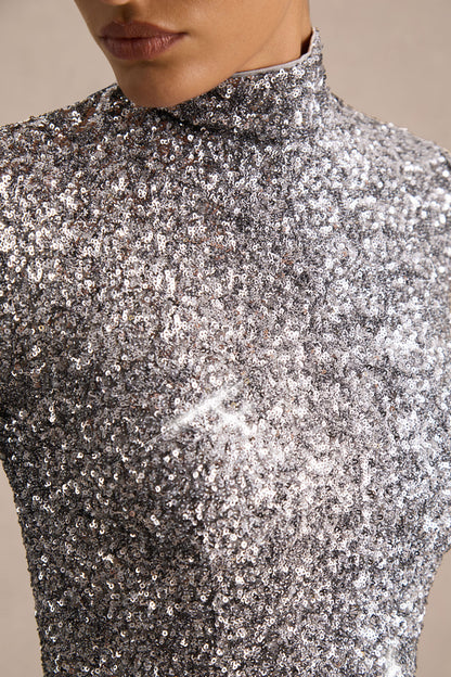 Galaxy | Silver Sequin Turtle-Neck Long-Sleeve Maxi Dress