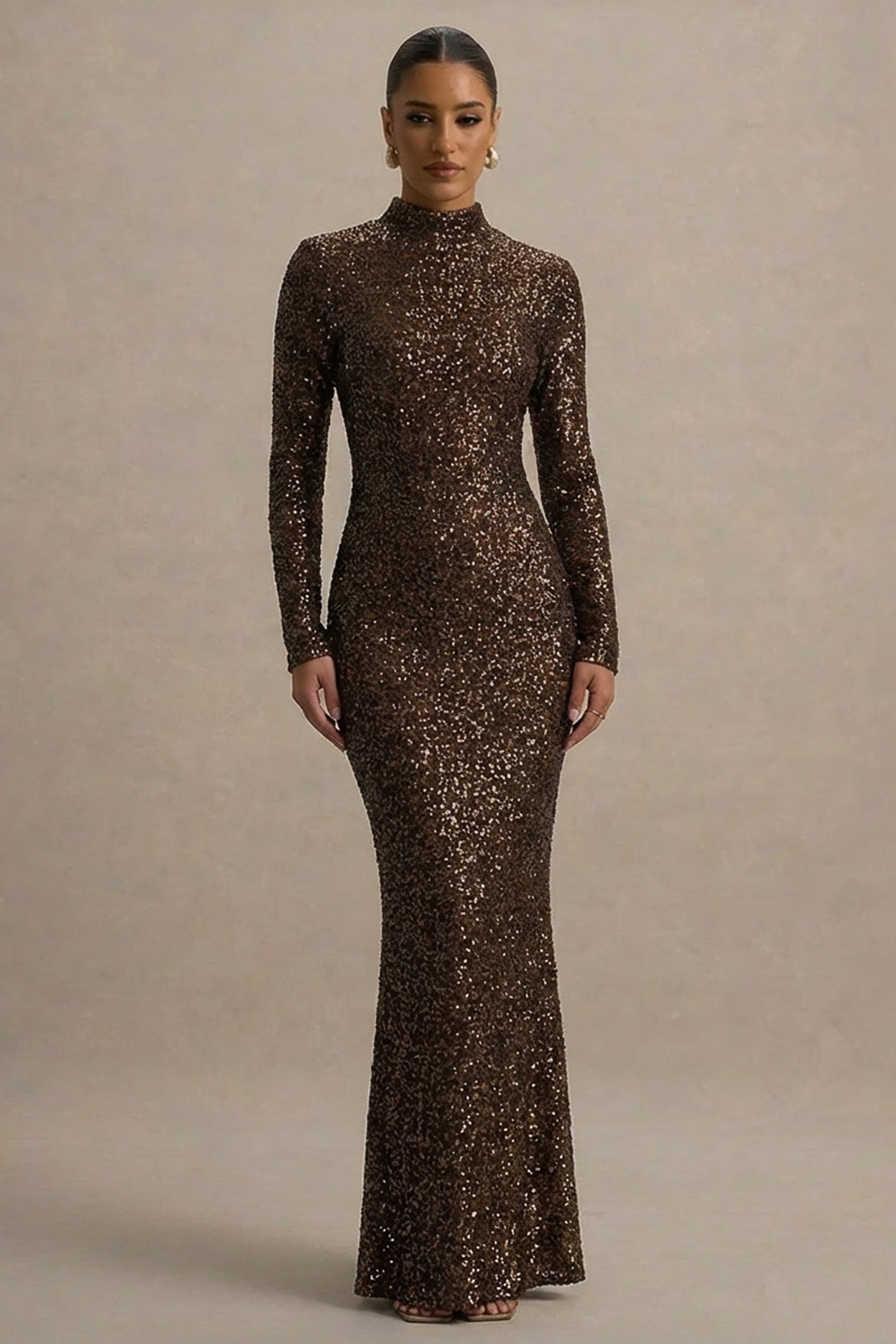 Galaxy | Brown Sequin Turtle-Neck Long-Sleeve Maxi Dress
