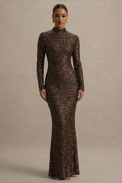 Galaxy | Brown Sequin Turtle-Neck Long-Sleeve Maxi Dress