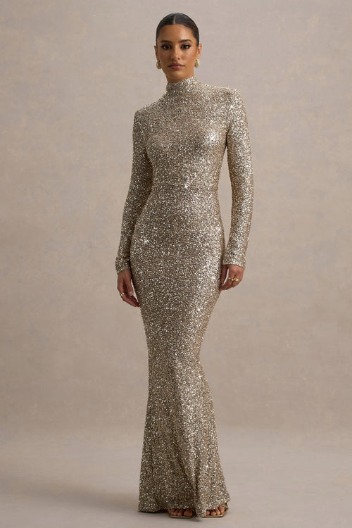 Galaxy | Champagne Sequin Turtle-Neck Long-Sleeve Maxi Dress