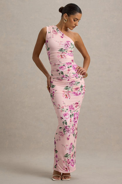Dalarie | Pink Floral Print One-Shoulder Gathered Maxi Dress