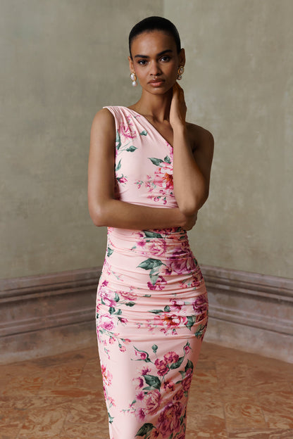 Dalarie | Pink Floral Print One-Shoulder Gathered Maxi Dress