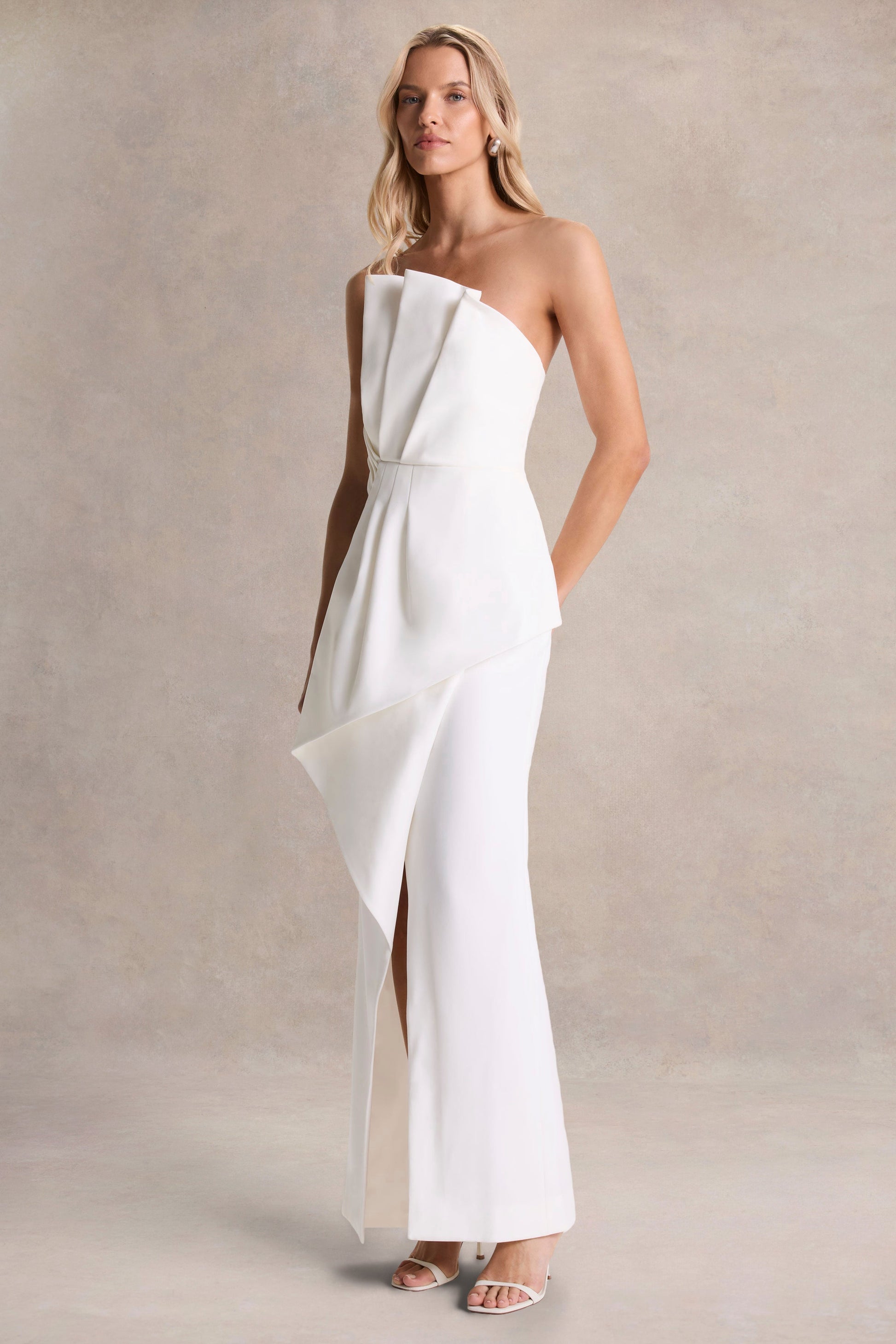 Dreamy Whispers | Cream Strapless Ruffle Split Maxi Dress