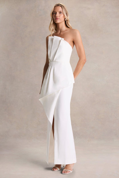 Dreamy Whispers | Cream Strapless Ruffle Split Maxi Dress