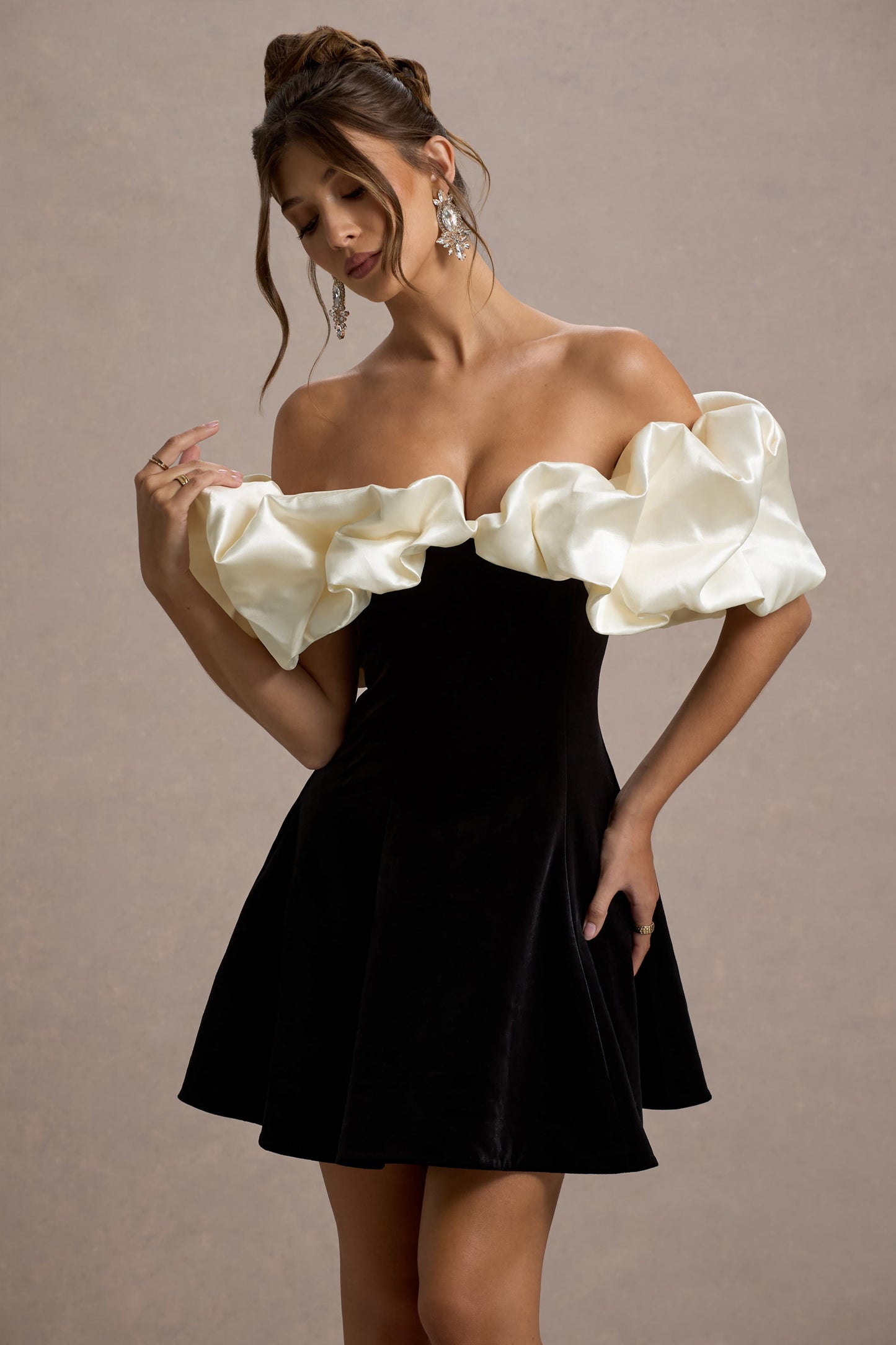 Brynne | Black & Cream Velvet Mini Dress With Satin Puff Sleeves