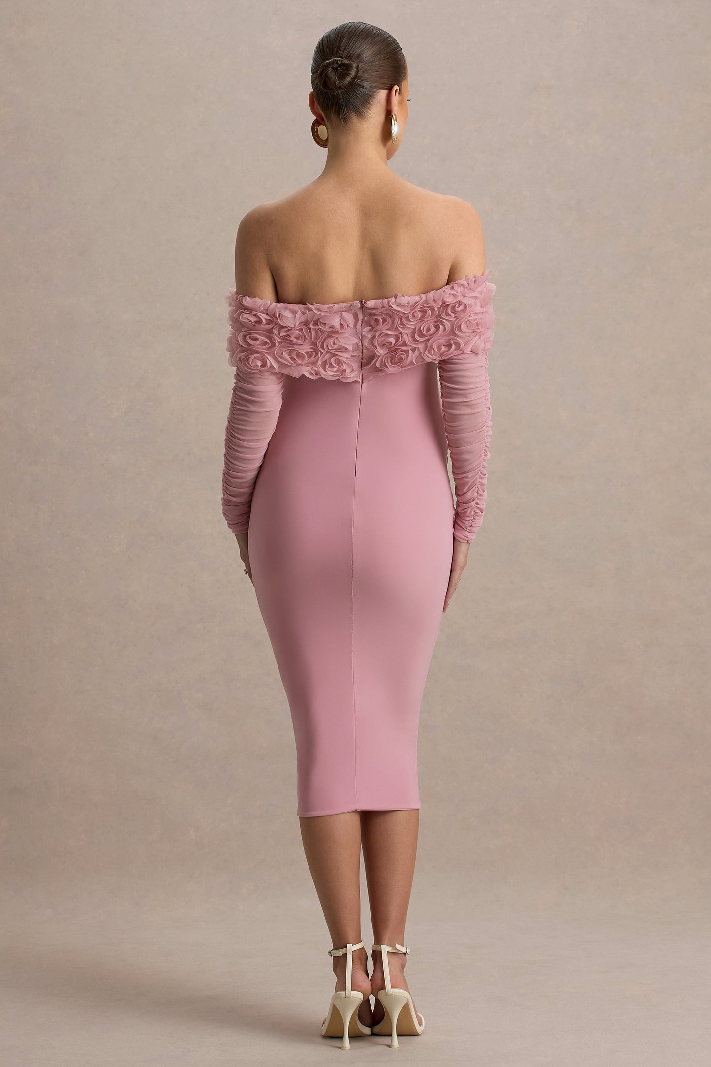 Adita | Blush Pink Mesh Floral Bardot Maternity Midi Dress