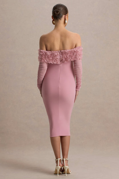 Adita | Blush Pink Mesh Floral Bardot Maternity Midi Dress