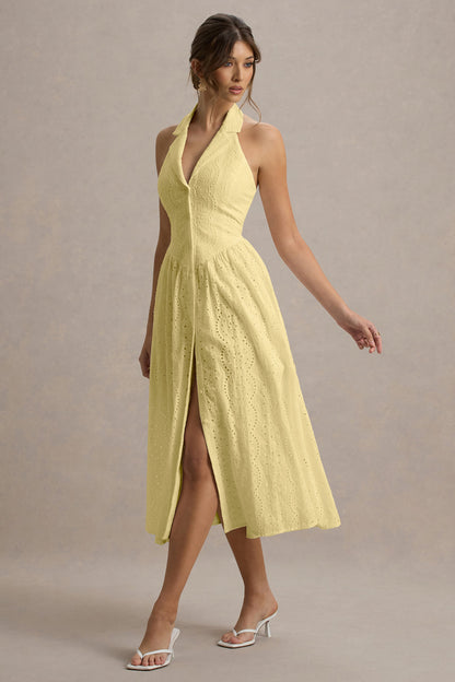 Jezebel | Yellow Lace Plunge-Neck Collared Midi Dress