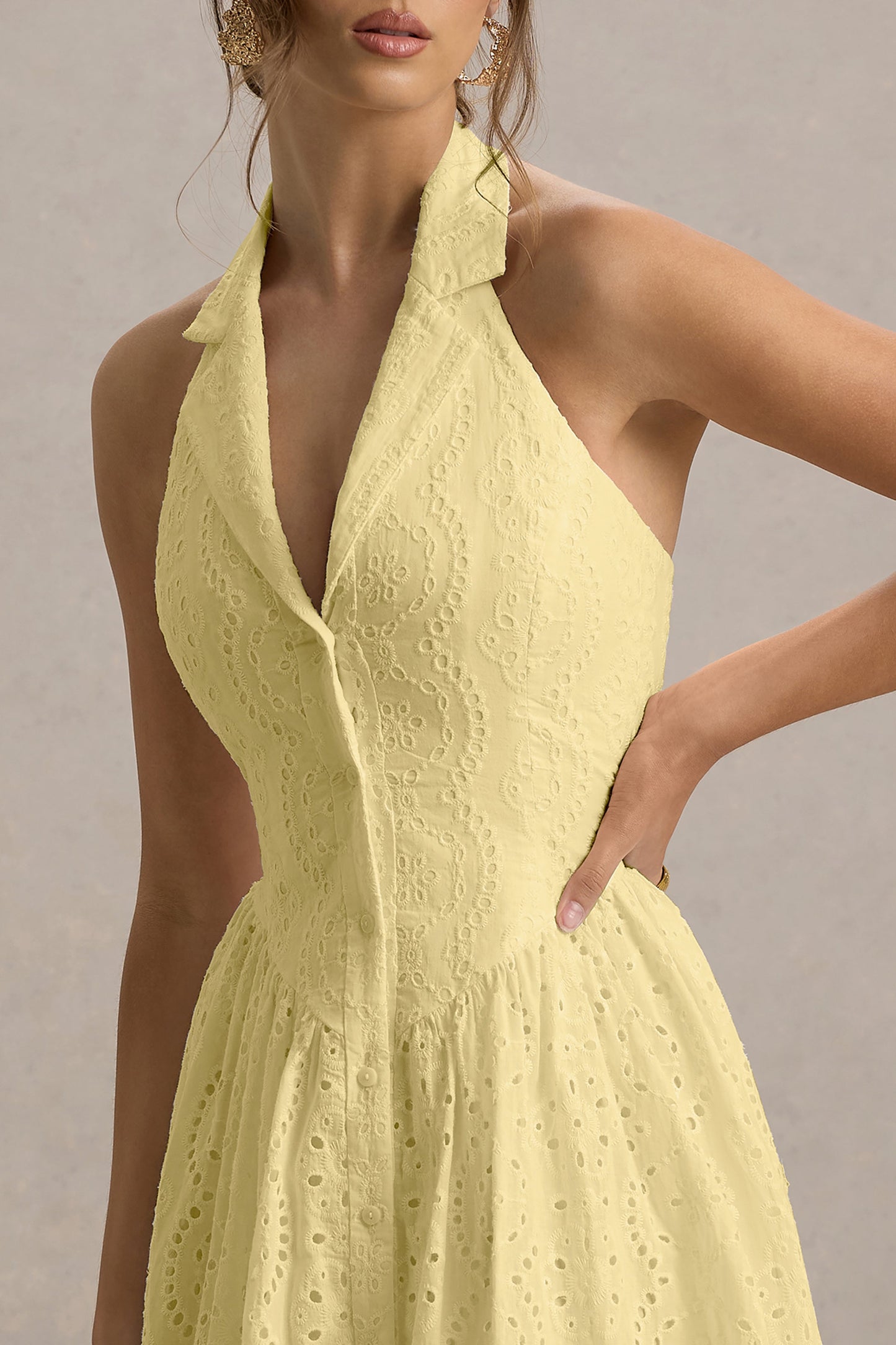Jezebel | Yellow Lace Plunge-Neck Collared Midi Dress